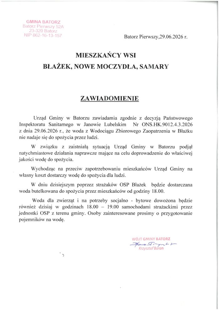 Miniaturka artykułu Komunikat o zamknięciu wodociągu zbiorowego zaopatrzenia w wodę w miejscowości Błażek