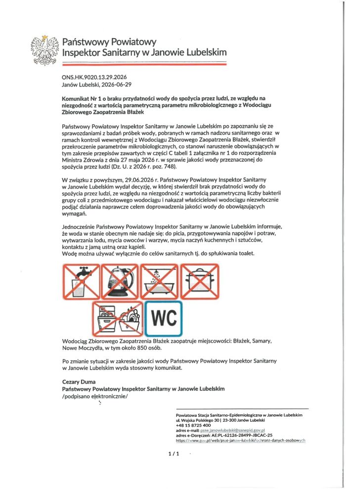 Miniaturka artykułu Komunikat o braku  przydatności wody do spożycia przez ludzi, ze względu na niezgodność z wartością parametryczną parametru mikrobiologicznego z Wodociągu Zbiorowego Zaopatrzenia Błażek