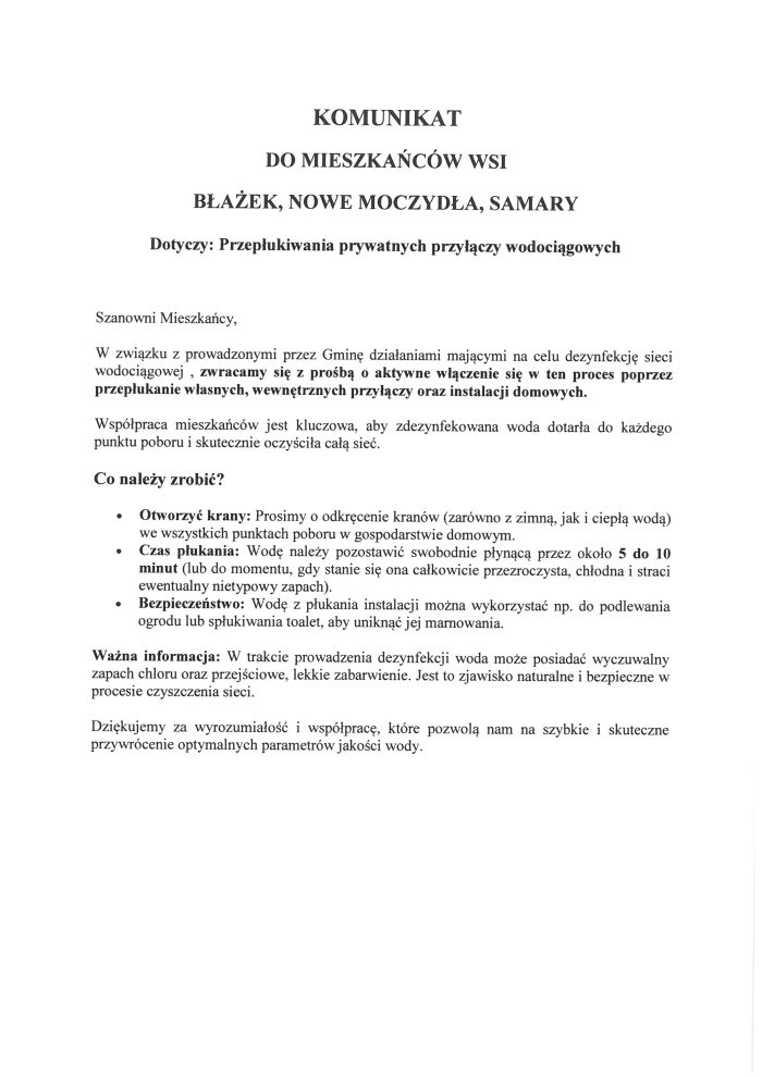 Miniaturka artykułu KOMUNIKAT DO MIESZKAŃCÓW WSI BŁAŻEK, NOWE MOCZYDŁA, SAMARY