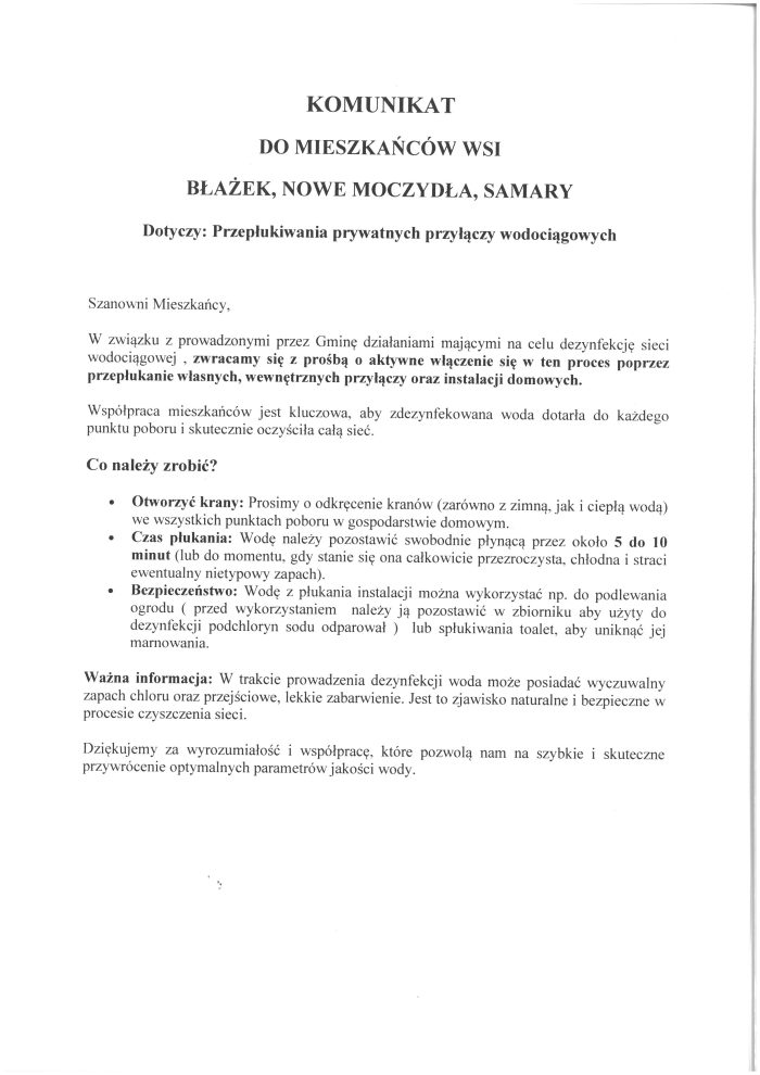 Miniaturka artykułu KOMUNIKAT DO MIESZKAŃCÓW WSI BŁAŻEK, NOWE MOCZYDŁA, SAMARY