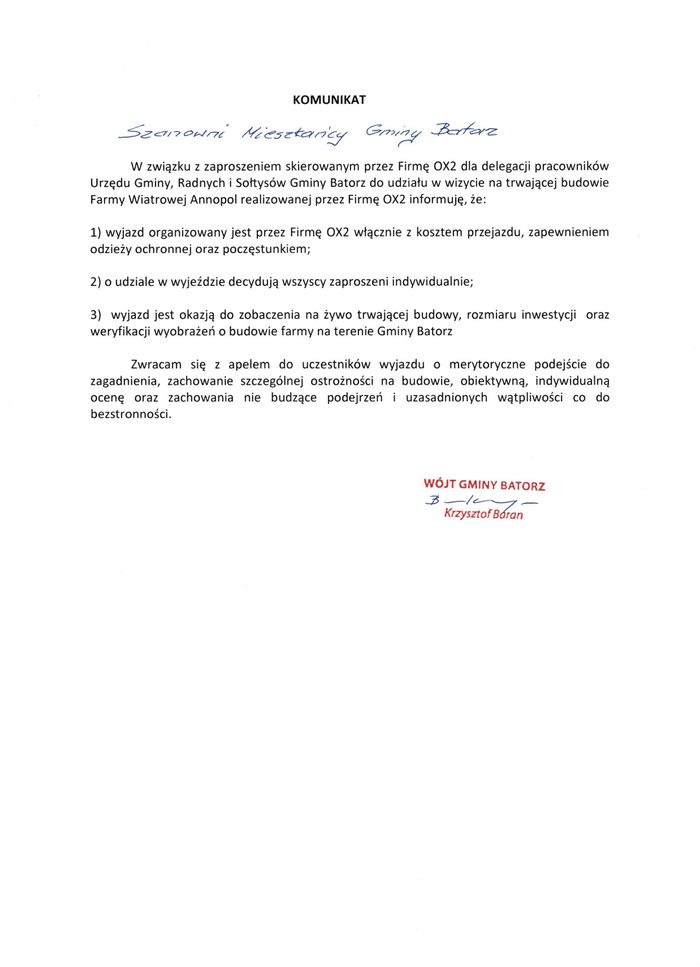 Miniaturka artykułu Komunikat Wójta Gminy Batorz dotyczący wizytacji na trwającej budowie Farmy Wiatrowej Annopol