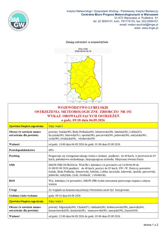 Miniaturka artykułu OSTRZEŻENIA METEOROLOGICZNE ZBIORCZO NR 192