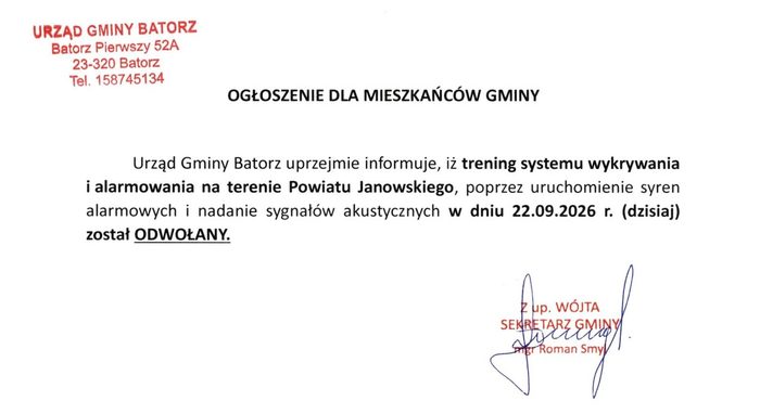 Miniaturka artykułu Informacja dla Mieszkańców Gminy – sygnały alarmowe ODWOŁANE