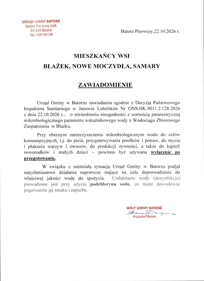 Miniaturka artykułu Uwaga! Komunikat dotyczący jakości wody z Wodociągu Zbiorowego Zaopatrzenia w Błażku