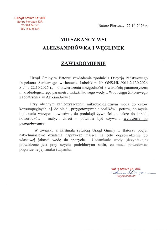 Miniaturka artykułu Uwaga! Komunikat dotyczący jakości wody z Wodociągu Zbiorowego Zaopatrzenia w Aleksandrówce