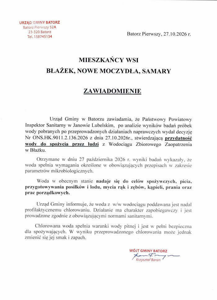 Miniaturka artykułu Komunikat dotyczący jakości wody z Wodociągu Zbiorowego Zaopatrzenia w Błażku
