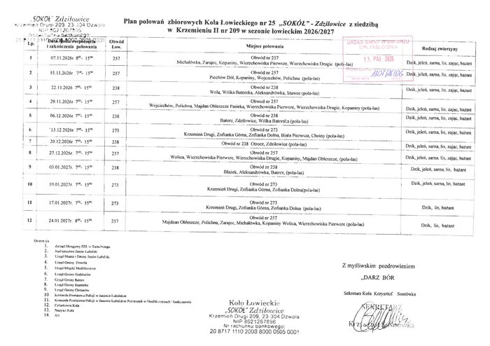 Miniaturka artykułu Plan polowań zbiorowych Koła Łowieckiego nr 25 „SOKÓŁ” Zdziłowice w sezonie łowieckim 2026/2027