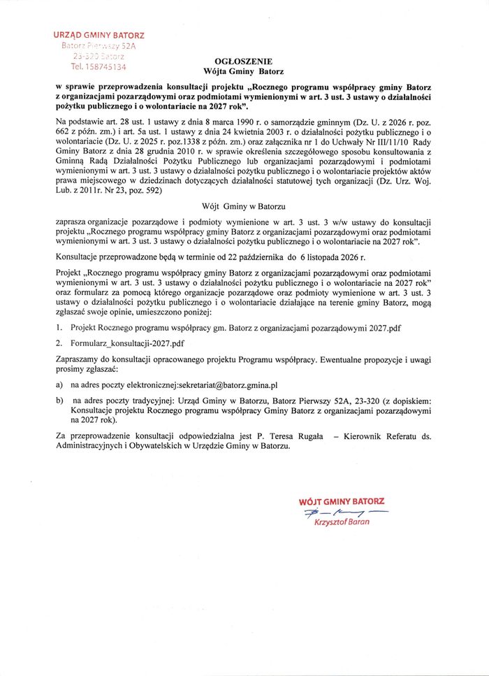 Miniaturka artykułu Ogłoszenie Wójta Gminy Batorz ws. przeprowadzenia konsultacji projektu „Rocznego programu współpracy z organizacjami pozarządowymi…”