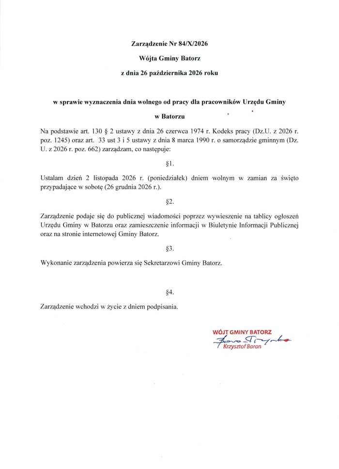 Miniaturka artykułu Zarządzenie Nr 84/X/2026 Wójta Gminy Batorz z dnia 26 października 2026 ws. wyznaczenia dnia wolnego od pracy dla pracowników Urzędu Gminy w Batorzu