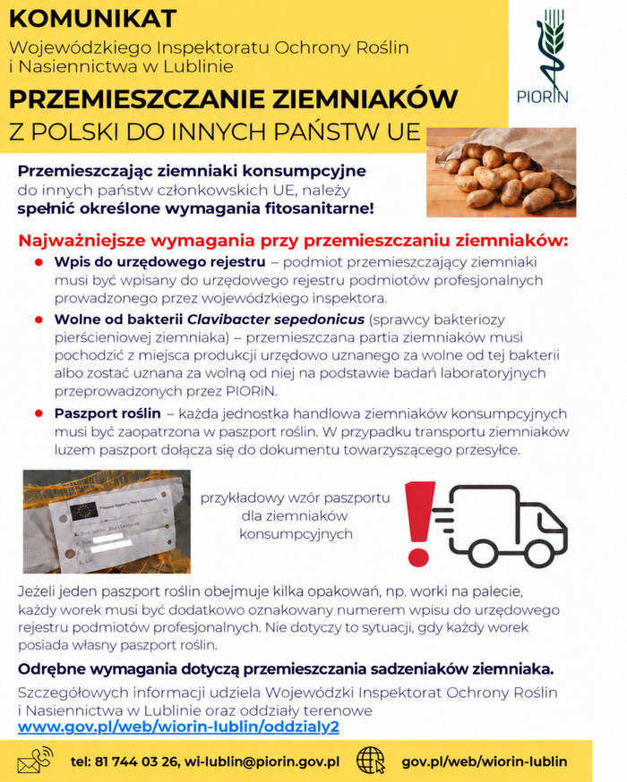 Miniaturka artykułu Komunikat o przemieszczaniu ziemniaków z Polski do innych Państw UE